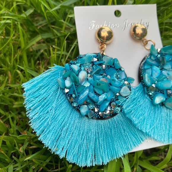 ‼️ Blue Teal Sky Blue Stone Diamond Fan Earrings - Picture 4 of 6